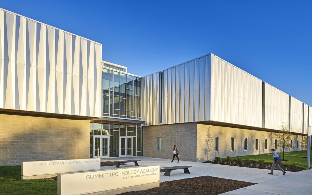 The Missouri Innovation Campus ripples with an angled aluminum skin