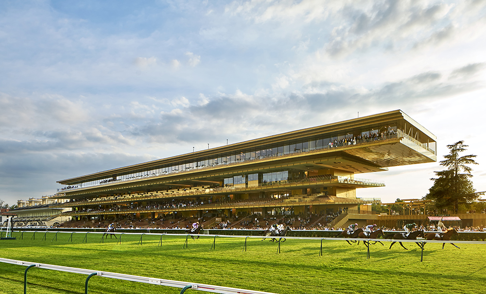 The Longchamp Racecourse goes for the gold with a metallic facade